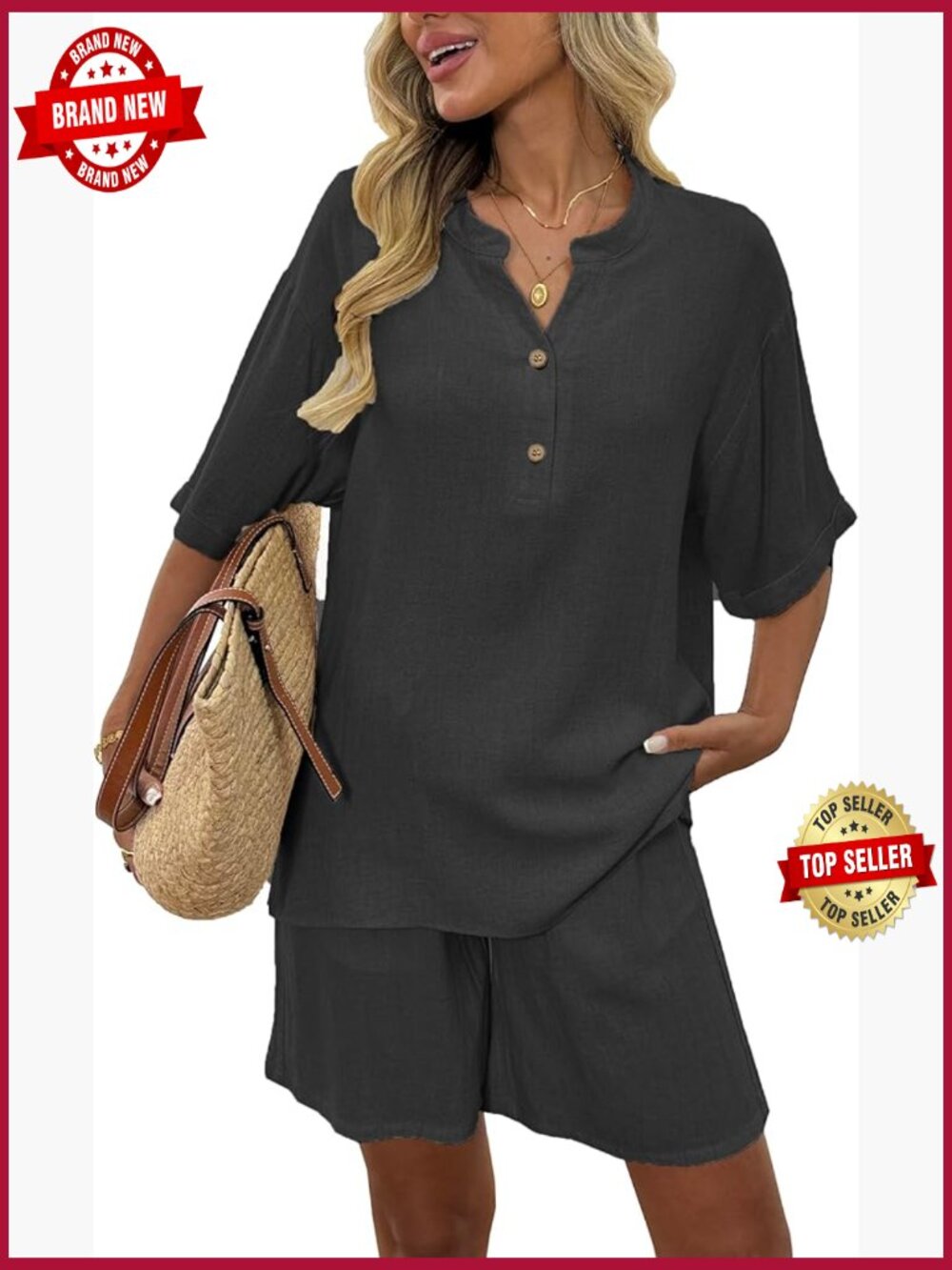 Linen Cotton 2 Piece Short Set Oversized Shirt Lounge Shorts Summer Tracksuit